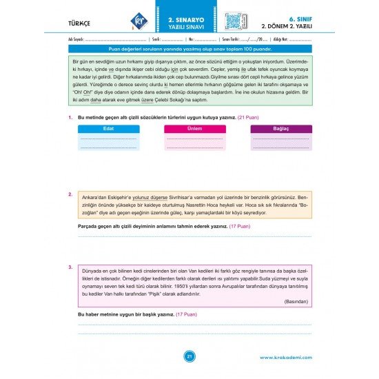 6. Sınıf 2. Dönem Tüm Dersler Yazılılara Hazırlık Kitabı KR Akademi Yayınları